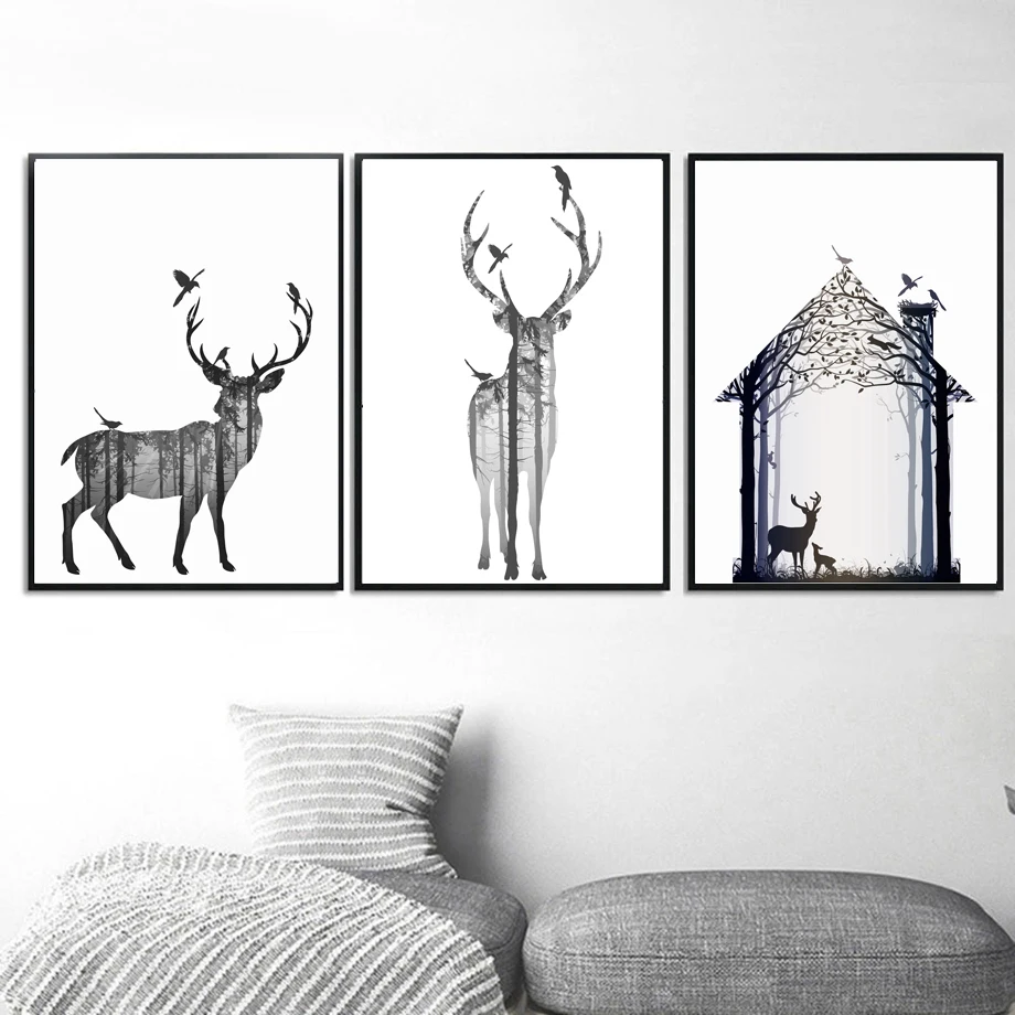 Плакаты на скандинавскую тему олень лес палатка для птиц Wall Art Постеры холсты