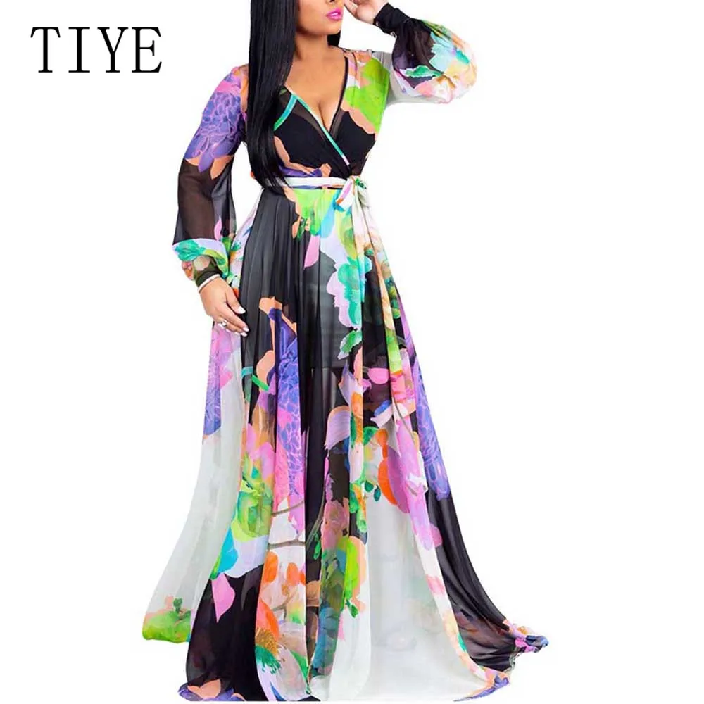 

TIYE 2019 Elegant Women Autumn Chiffon Dress Casual Loose Long Sleeve V Neck Fashion Printed Dress Vintage Maxi Dress Robe Femme