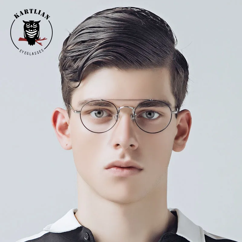 Kartlian Titanium Round Double Beams Glasses Optical Prescription Men Women Retro Eyeglasses