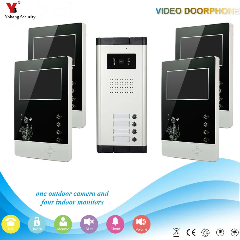 Yobang Security Wired 4.3\ Inch Monitor Video Door Bell Phone Intercom Home Gate Entry Security Kit System For 4 Unit Apartment