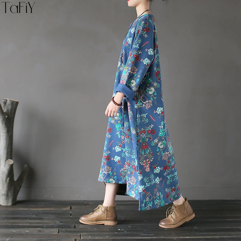 TaFiY Vestidos 2018 женские зимние платья винтажный пуловер с принтом и круглым вырезом