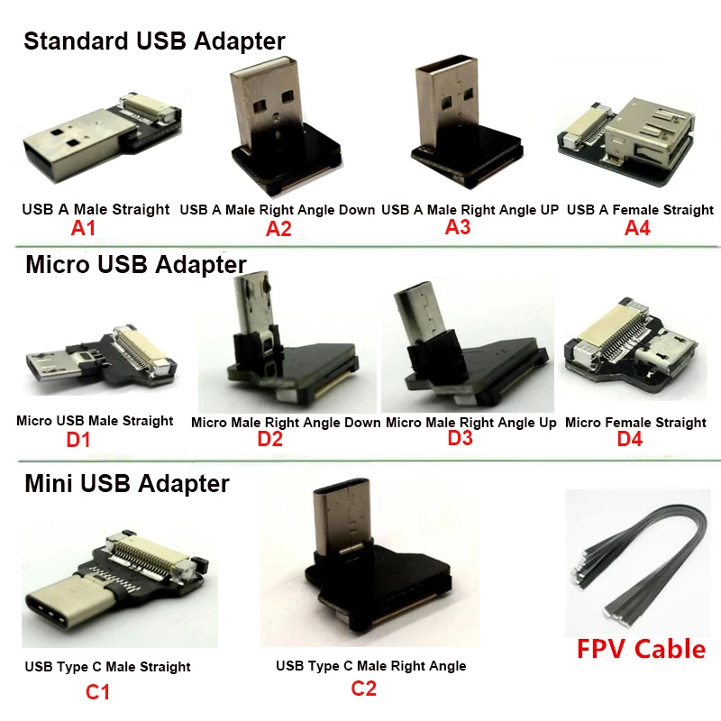 5 to 80CM FFC USB C Straight To USB type c male right angle FPV Flat Slim Thin Ribbon FPC Cable