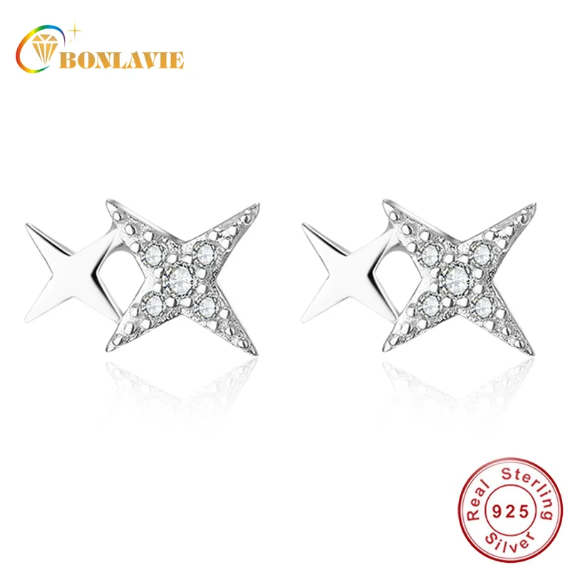 

BONLAVIE Four Pointed Star Shape Women Stud Earrings Anniversary 925 Sterling Silver Earing