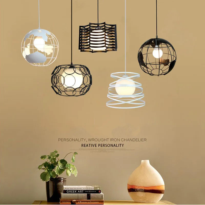 

Iron art Bird cage chandelier Nordic restaurant single head chandelier Modern simplicity ring spring bar Hollow Lighting fixture