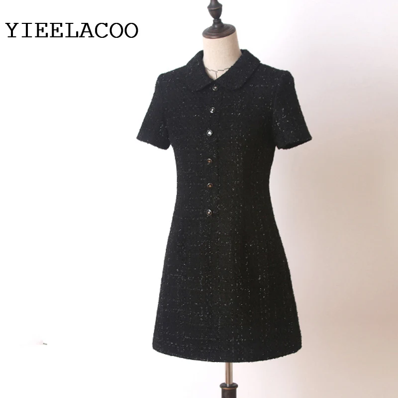 

Black tweed dress Short sleeve 2019 spring / autumn women's dress tassel ladies slim bottoming dress one-piece