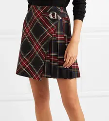 Осень 201 новые модные Британский стиль высокой талией ударил цвет плед Женская плиссированная мини-юбки с поясом