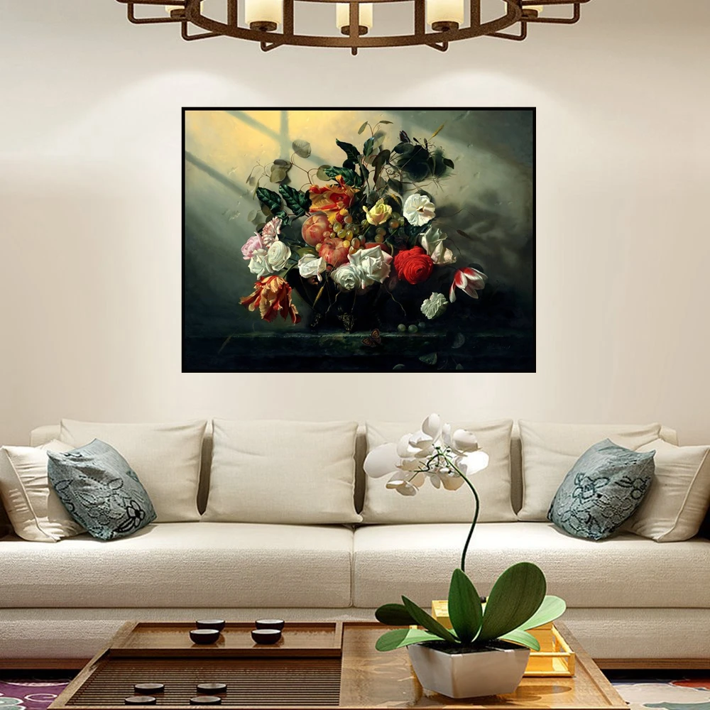 Retro Oil Painting Canvas HD Printed For Vintage Home Decoration Colorful Flowers Bonsai In The Dusk