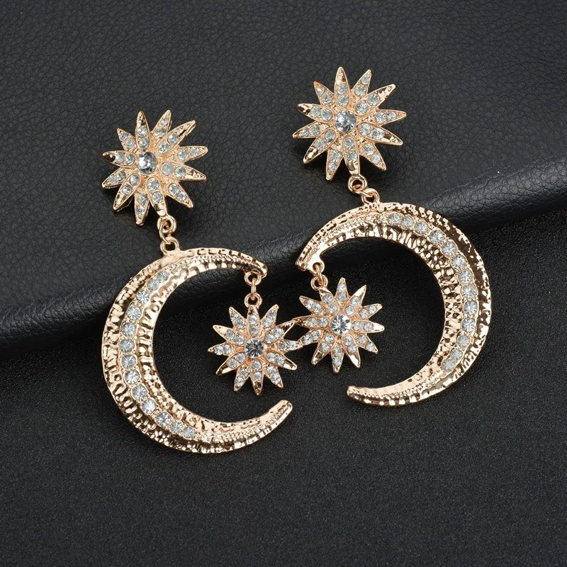 

SexeMara Big Luxury Sun Moon Stars Drop Earrings Rhinestone Punk Earings for Women Jewelry Gold Boho Vintage Statement Earrings