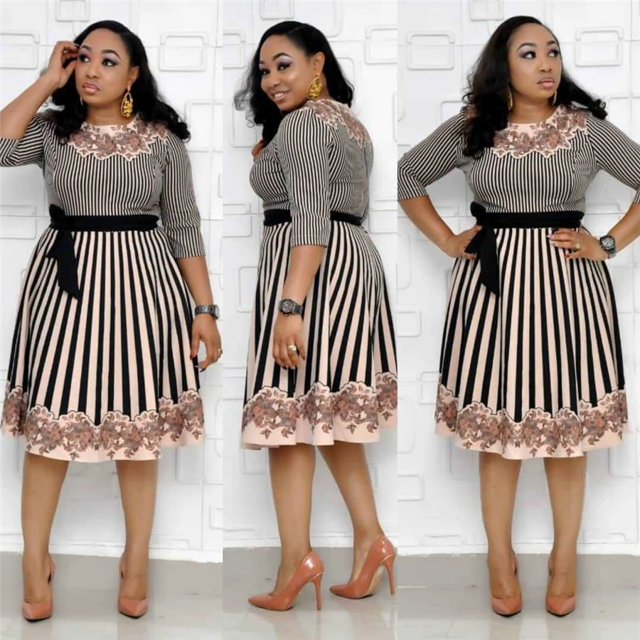 BAIBAZIN New Hot Africa Dress for Women Striped Flower Print Stitching Dress