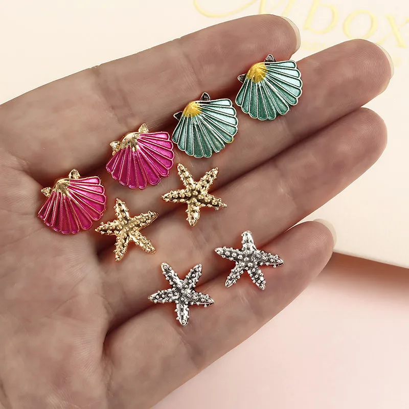 

New 4Pair/Set Gold Silver Color Alloy Starfish Shells Shape Earrings For Women Jewelry Fashion Stud Earring Brincos e0181