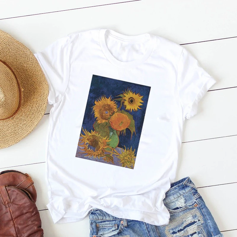 

2019 Women Shirt Summer sunflower Painting Casual Printed Short Sleeve Female Womens T T-shirt Graphic Printed Top Tshirt