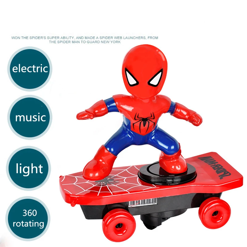 Automatic rotation Electric Skateboard spiderman Dance Robot Electronic Walking Toys With Music Light Kids Toy