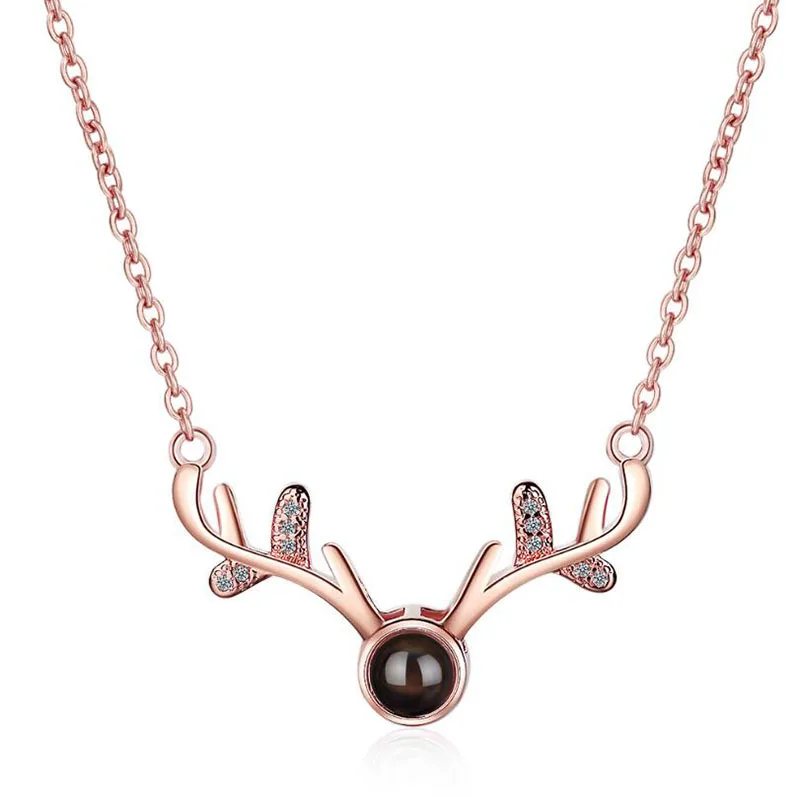 

Fashion 925 Sterling Silver Necklaces For Women Romantic 100 Languages I Love You Projection Rose Gold Elk Necklace Girl Jewelry