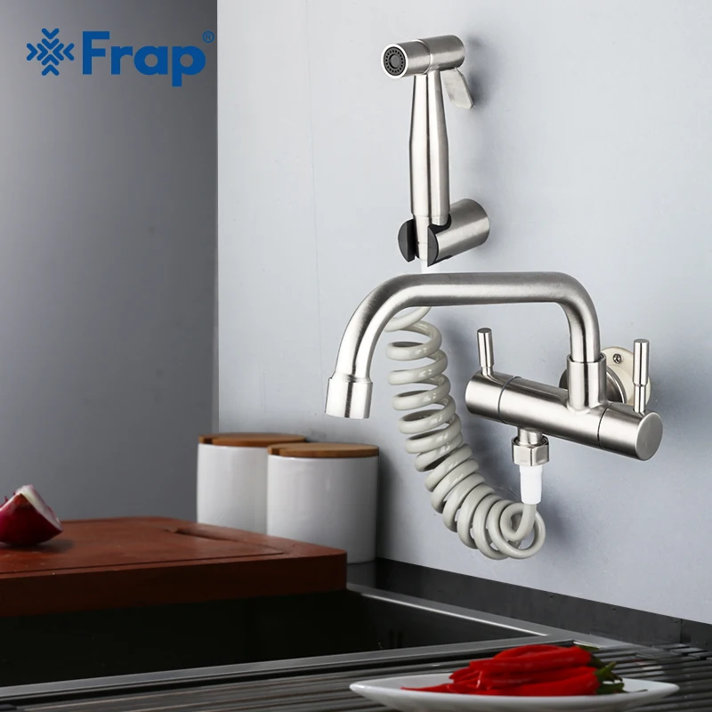 

Frap Kitchen Faucet Wall Mounted Dual Handle 304 Stainless kitchen water taps cold water faucet torneira cozinha Y40527