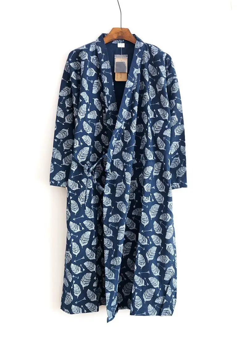 Мужской летний халат из хлопка, марлевые свободные удобные кимоно с листьями, банные халаты, домашняя одежда, ночные халаты - Цвет: Синий