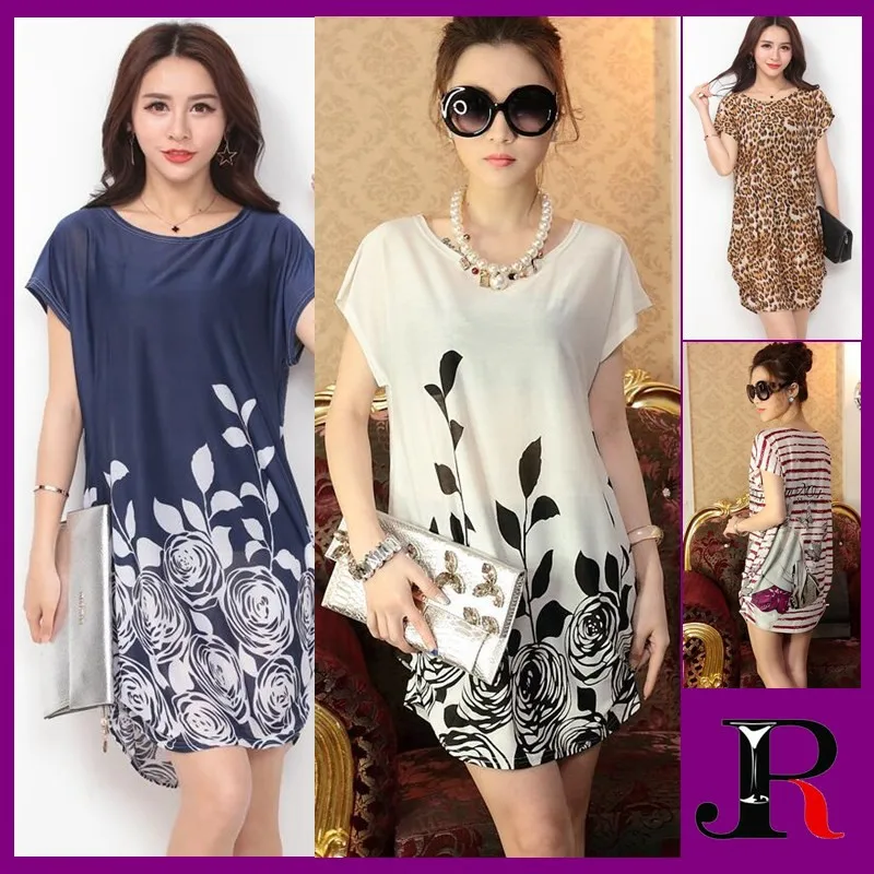 

2017 EUR&USA Popular Plump Woman&Girl Show Thin Loose Dress,O-Neck Above Knee Smooth Soft Ice Silk Dress,Anti wrinkle,Big Yards