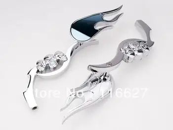 

Flame Side Mirror 3D Skeleton Skull Chrome w/ Blue Blass For Harley Honda Kawasaki Suzuki Yamaha kTM BMW ATV Ducati