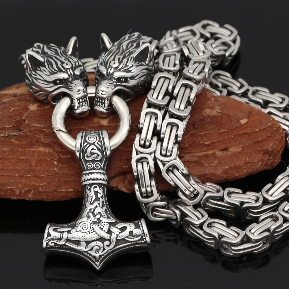 

Men stainless steel Wolf head norse viking amulet thor hammer pendant necklace viking king chain