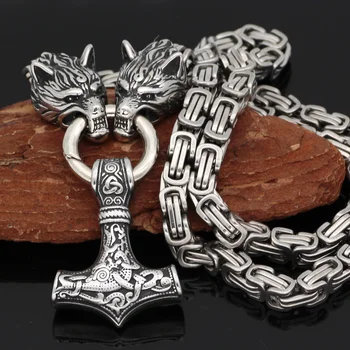 Mjolnir Necklace with Two Wolf Head Pendant Necklace  Viking Necklace
