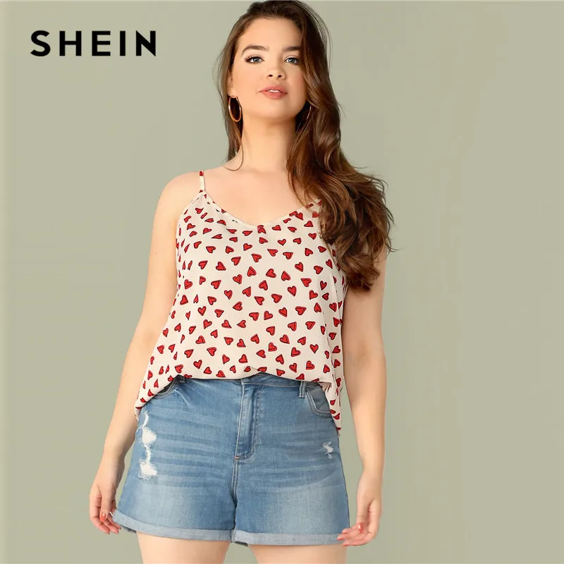 

SHEIN Plus Size Confetti Heart Print Cami Top Vest 2019 Women Spaghetti Strap Camis Summer Print V Neck Casual Camisole Tops