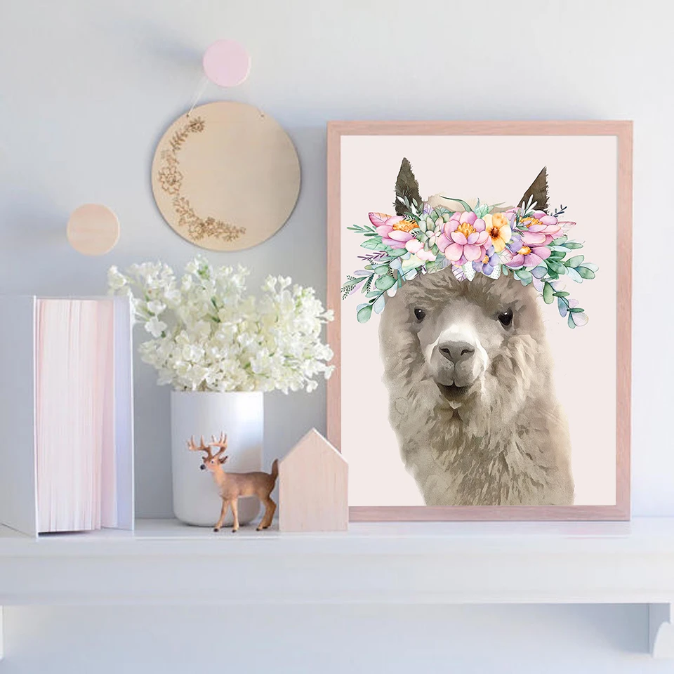 Download Cartoon Animal Painting Floral Llama Posters And Prints Nordic Canvas Wall Pictures For Nursery Kids Room Home Decor No Frame Painting Calligraphy Aliexpress