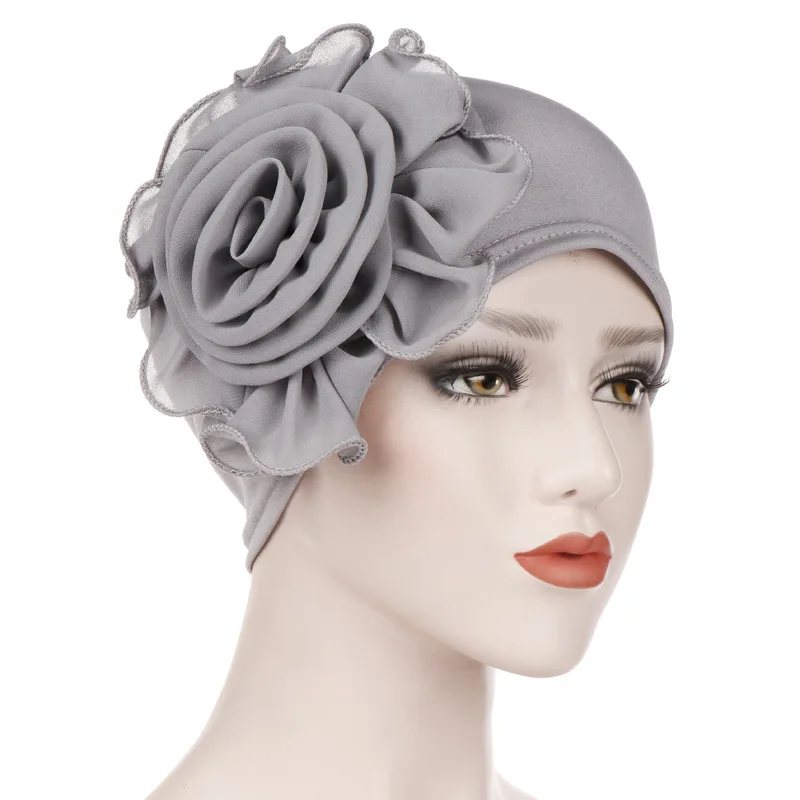 Женские эластичные шапочки с большой цветочной головкой шапочка из хлопка Дамские выпадения волос Африканский тюрбан Boho Аксессуары для волос мусульманский шарф - Цвет: Gray