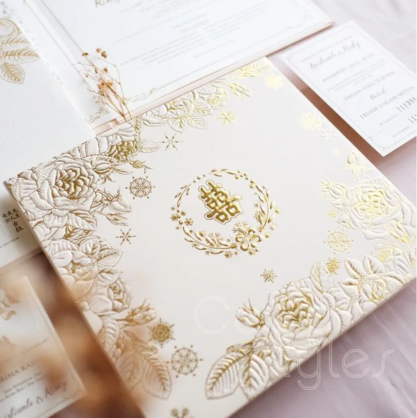  Cocostyles bespoke luxury debossing floral hardcover folded invitation card for royal wedding party - 32880891483