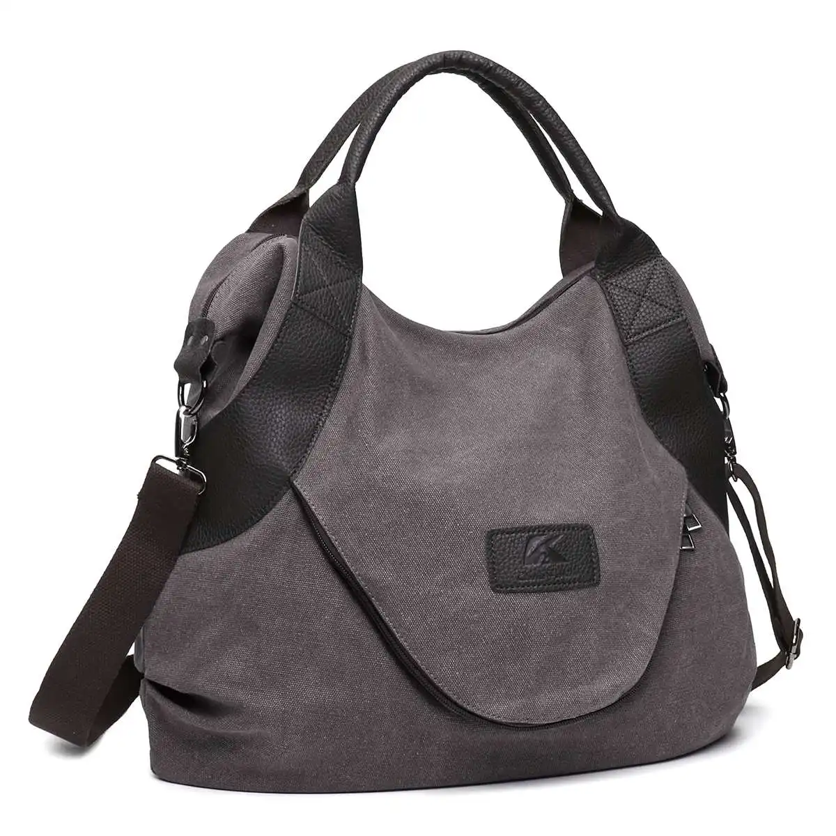 Большие карманы повседневные женские сумки через плечо холщовые кожаные вместительные сумки для женщин - Цвет: Серый