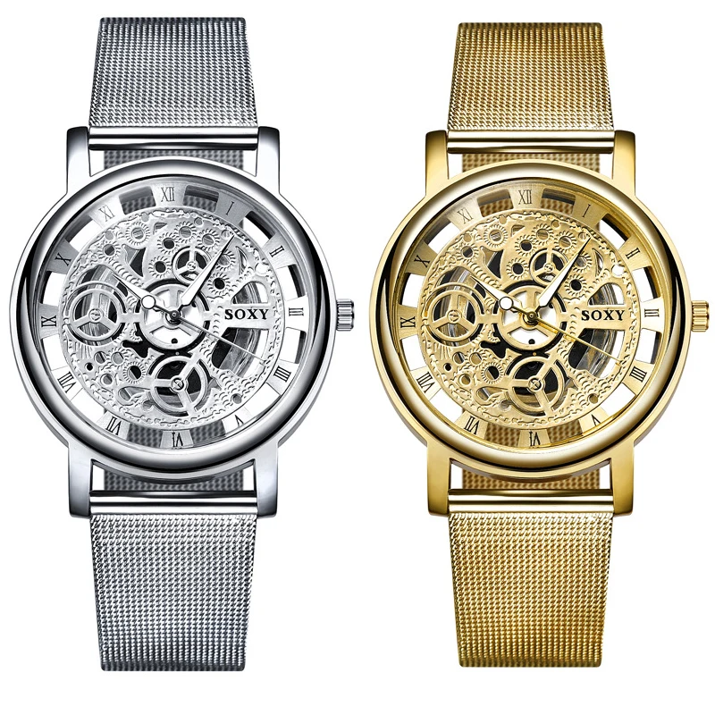 Luxury Skeleton Mesh Steel Men Quartz font b Watches b font Fashion Silver Male Clock Business
