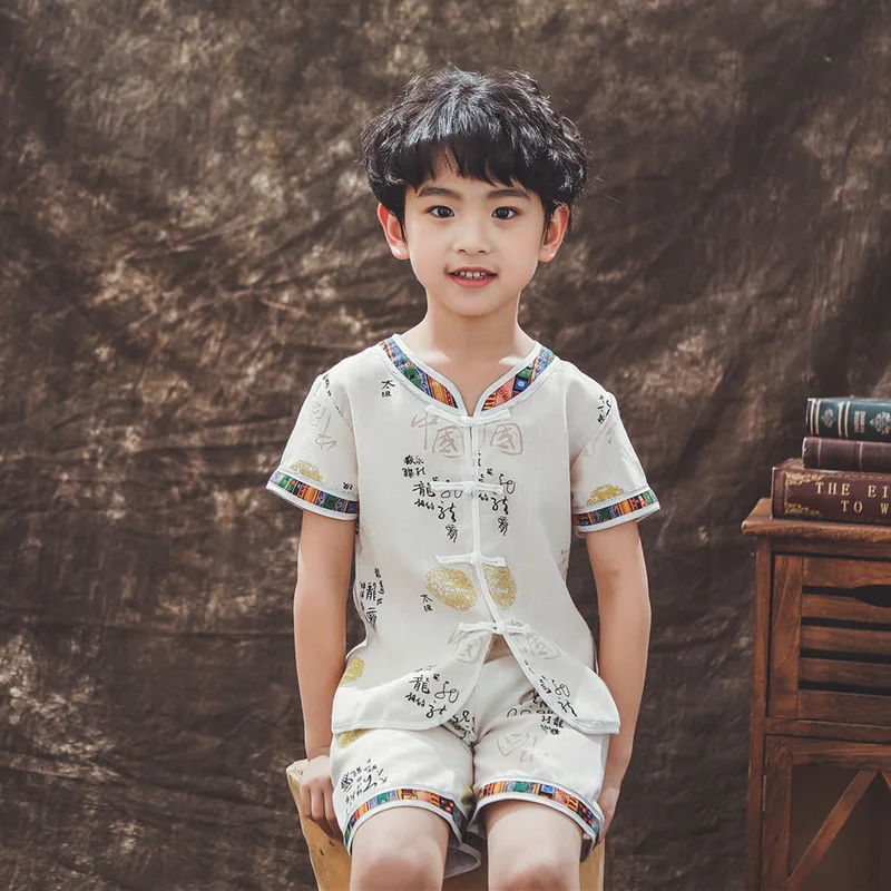

Summer Baby Boy National Pajama Children Chinese Dragon Nightwear Clothing Set Kids Home Cotton Sleepwear Chi Tang Funny Clothes