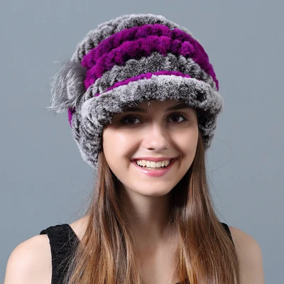 Зимние шапки, шапочки, настоящий мех кролика, цветы, в полоску, вязаная шапка из кроличьего меха, шапки, повседневные, натуральный мех, женская шапка для русской зимы - Цвет: Brown Purple