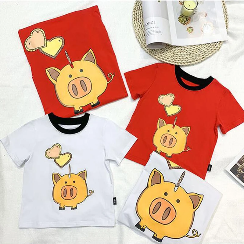 Family Matching Clothes Cute Heart Pigs Father Mother Kids T-shirts New Cotton Short Sleeve Summer Tops Boys Girls Shirt Gifts 
