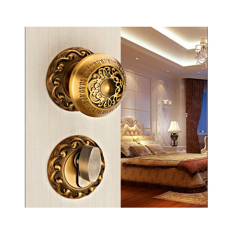 

European yellow bronze spherical carved lock Double mute bedroom door lock Bathroom indoor lock Hardware wooden golden door lock