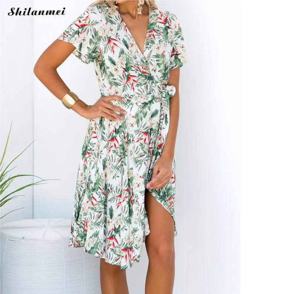 

Leaf Pattern Deep V Neck Dress Boho Floral Printed Midi Dress Women'S Short Sleeve Tie-Front Belt Wrap Split Knee Length Dresses