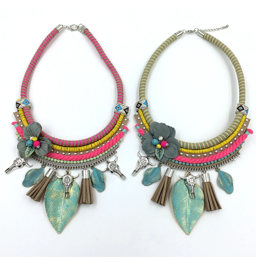 New bohemia handmade necklace  antique brass leaf collierstatement Necklace tassel flower tauren charm tassel pendants necklace