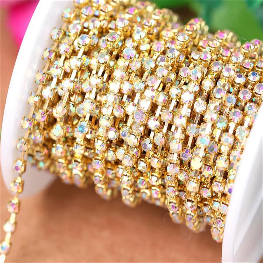 

10Yard Bling Crystal AB Color Crystal Rhinestones Chain DIY Gold Base Claw Chain Rhinstone For Wedding Garment Art Decoration