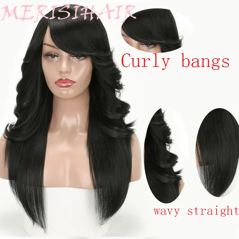 MERISI HAIR Black Color Long Straight With Bangs Hairstyle Curly And Straight Hair Mix Synthetic Wigs Black Women Heat Resistant