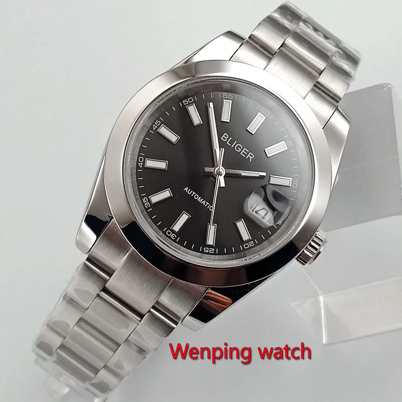

40mm bliger no logo black dial luminous marks solid case date window sapphire glass automatic mens watch W2762