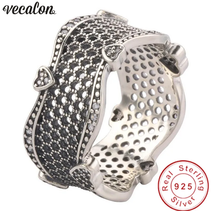 Vecalon Винтажное кольцо с полым сердцем Настоящее серебро 925 пробы AAAAA Cz вечерние Обручальные кольца для мужчин и женщин ювелирные изделия на палец