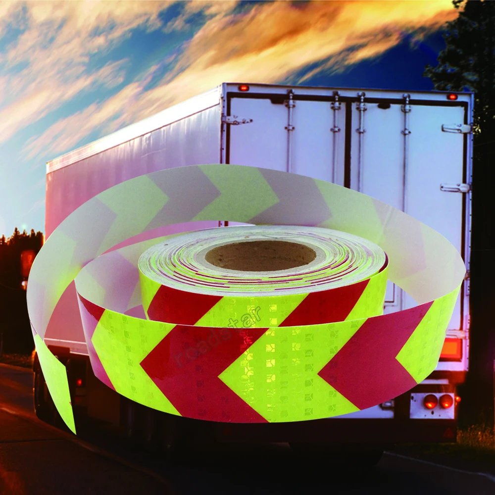 5cmx25m PET Arrow Safety Reflective Warning Tape Film Waterproof Sticker for Car Truck fluorescent yellow and red