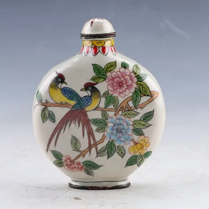 

China Cloisonne Hand-painted Bird & Flower Snuff Bottles w Qianlong Mark