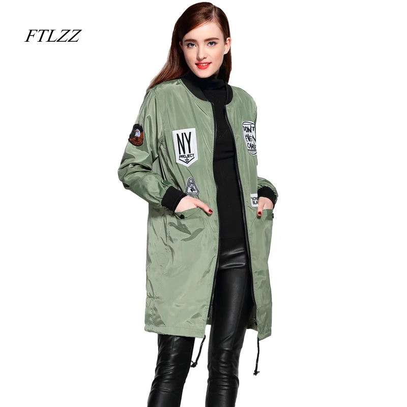 Ftlzz Autumn Women Medium Long Jacket Letter Print Slim Fashion Female Coats Zipper Plus Size Chic Bomber Jacket Women