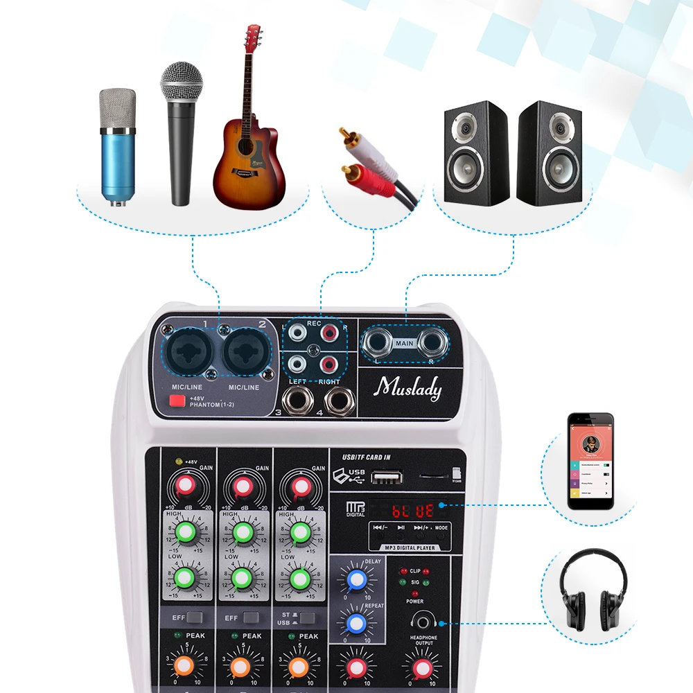 Muslady AI-4 компактная звуковая карта микшерный пульт Цифровой аудио смеситель 4-канальный+ 48V Phantom Мощность для музыки DJ Live караоке