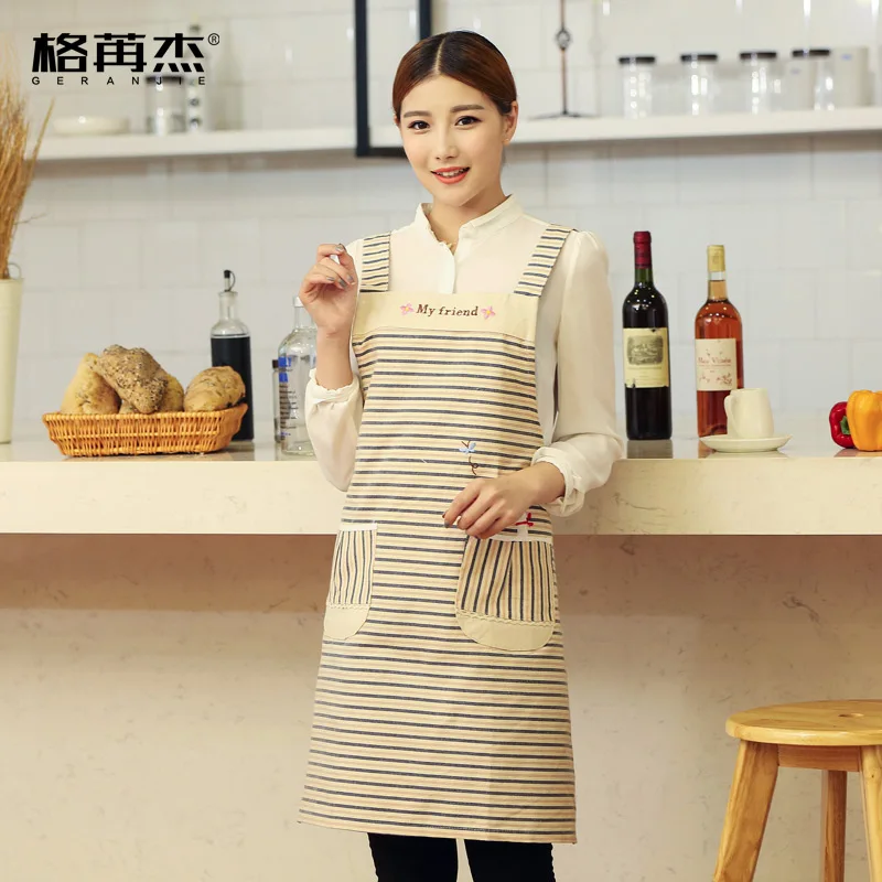 Japanese-style stitching striped strap fabric simple cotton kitchen oil-proof coffee shop overalls shop clothing literary apron - Цвет: wq-