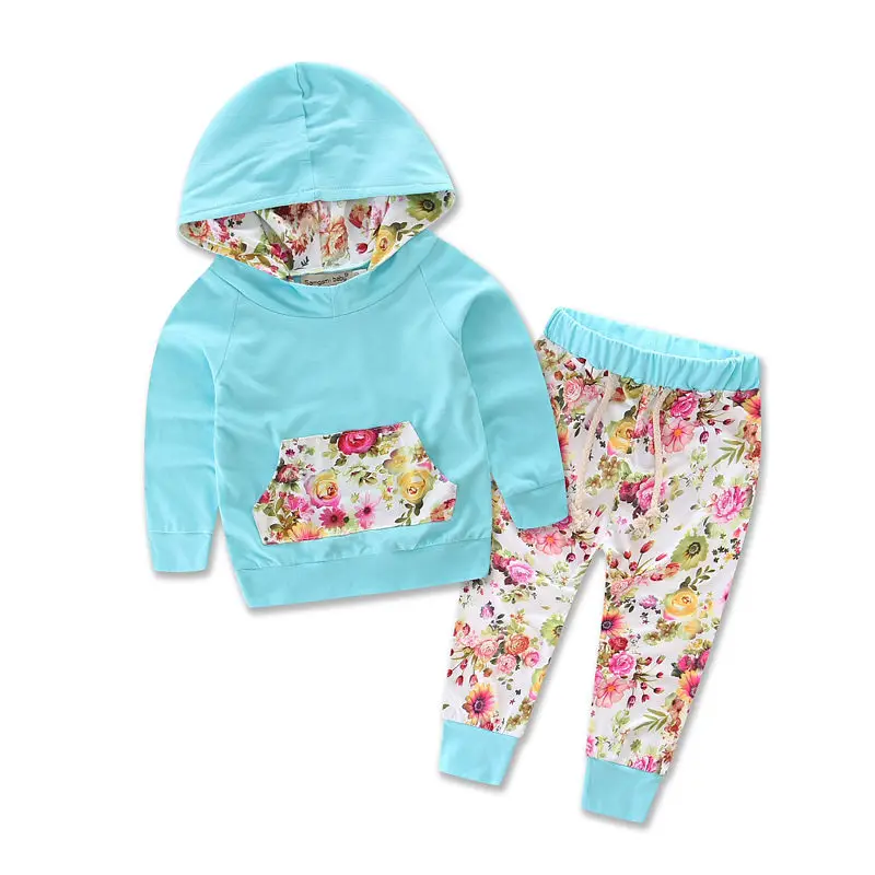 

2PCS Set Baby Boys Girls Warm Hooded Tops Cotton Flower Coat Pants Casual Outfits Floral Toddler Baby Girl Clothes