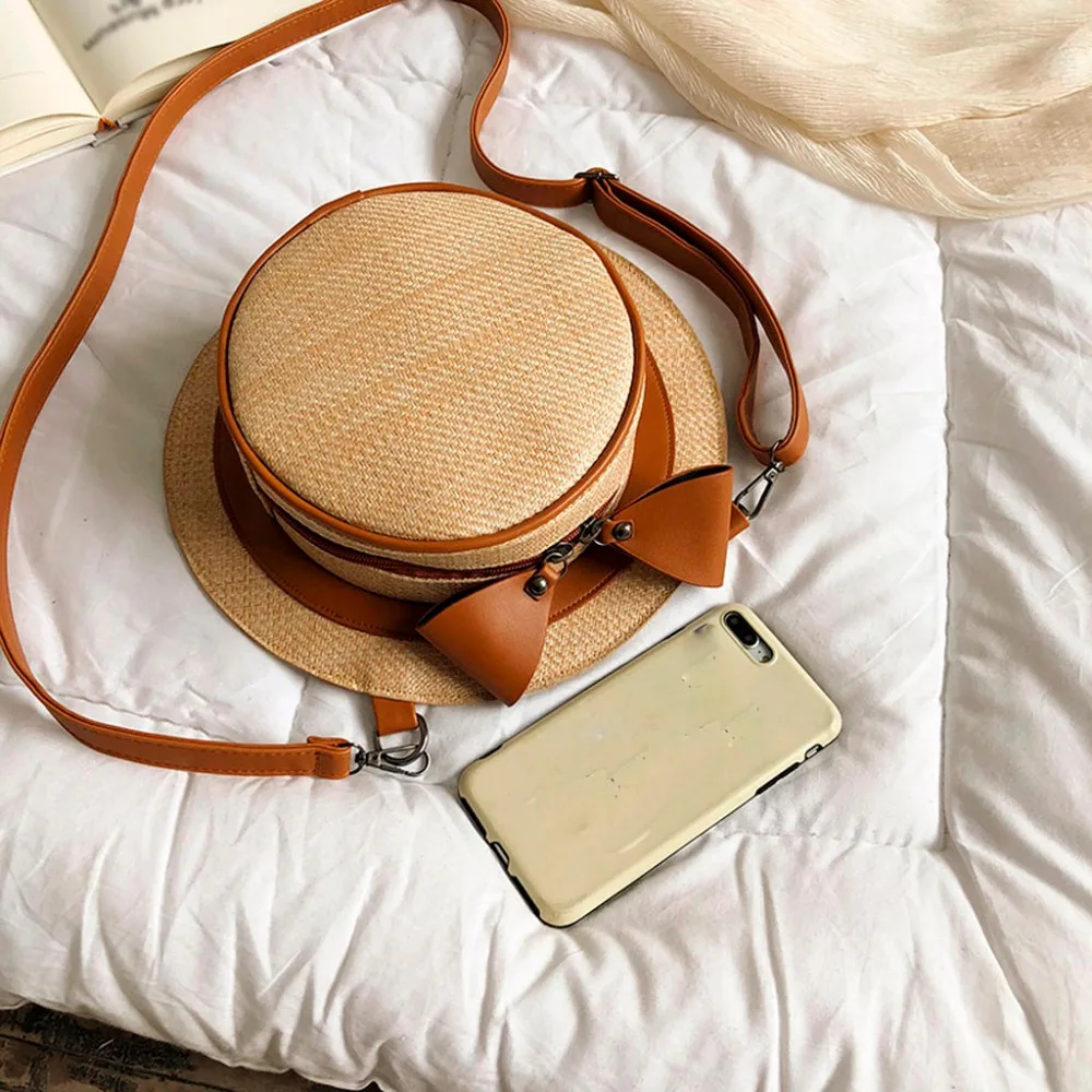 

Straw bag Fashion design hat styling bows ladies shoulder bag handbag female round zipper bag girl's gift messenger bag Apr26