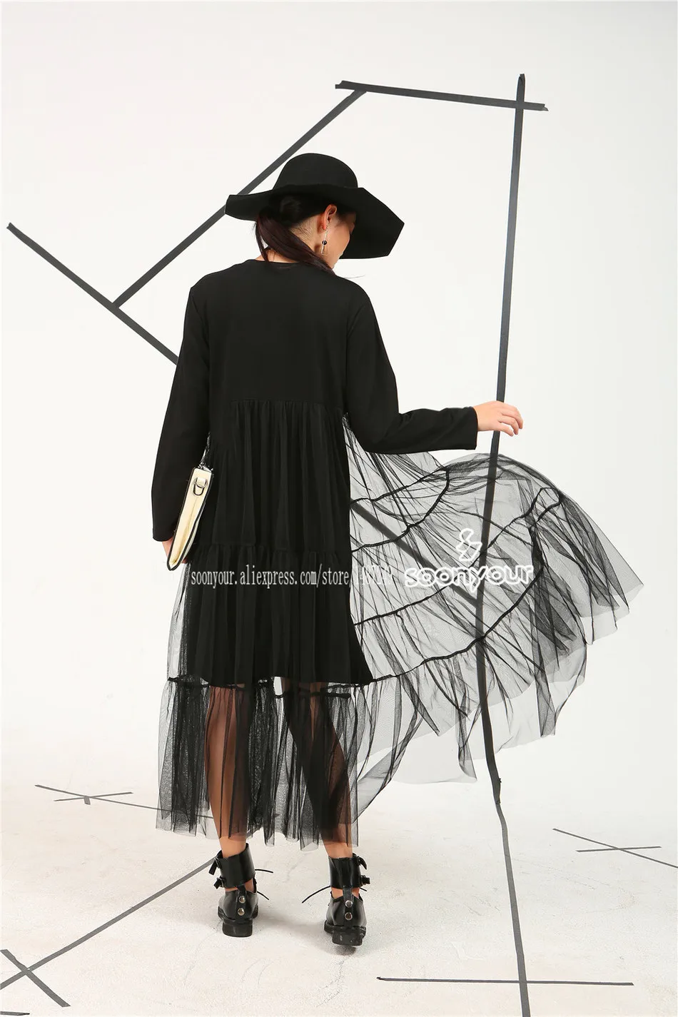 [EAM] зима осень новая гавань черный цвет шить перспективы Марля свободные большие размеры с длинными рукавами Сетчатое платье женские AS3361