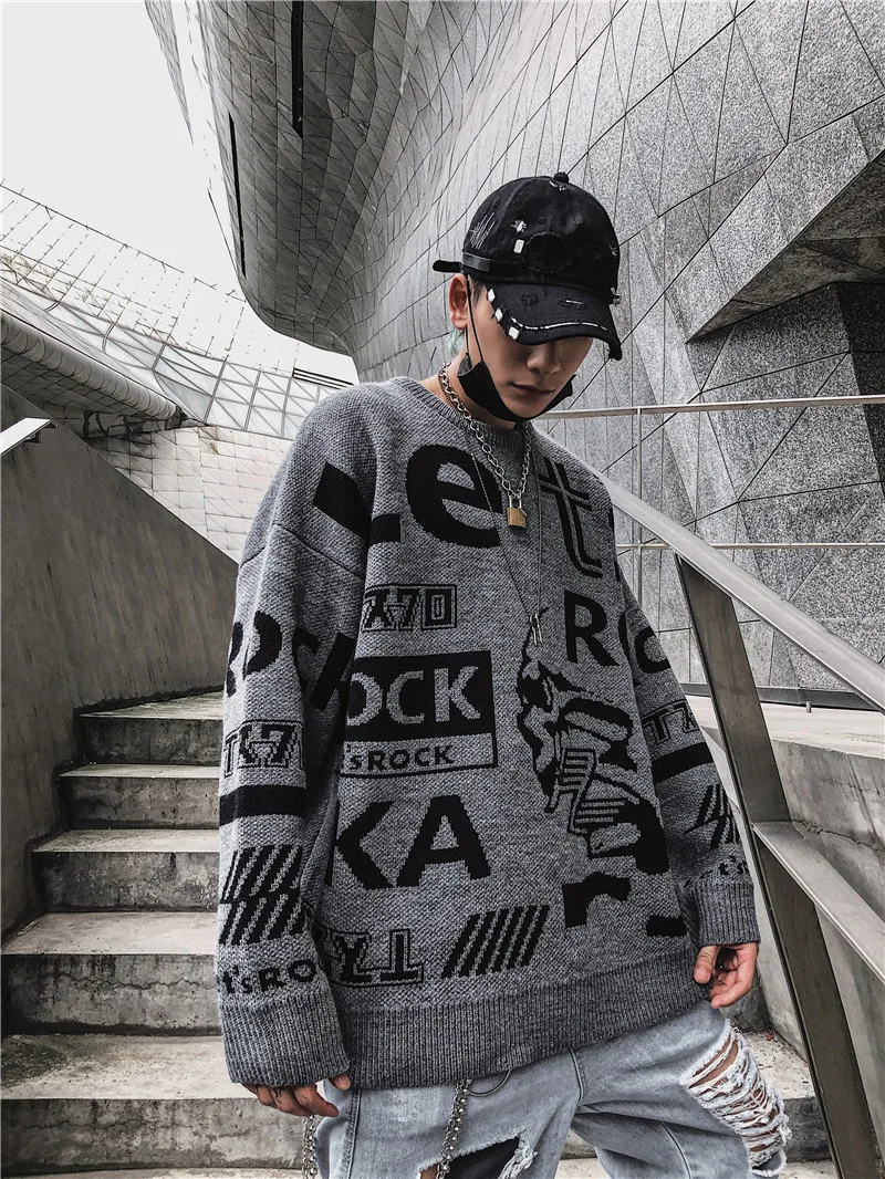 Dark Icon Letter Round Neck Hip Hop Sweater Men Autumn Winter Pullover Men’s Sweaters Loose Sweater Men