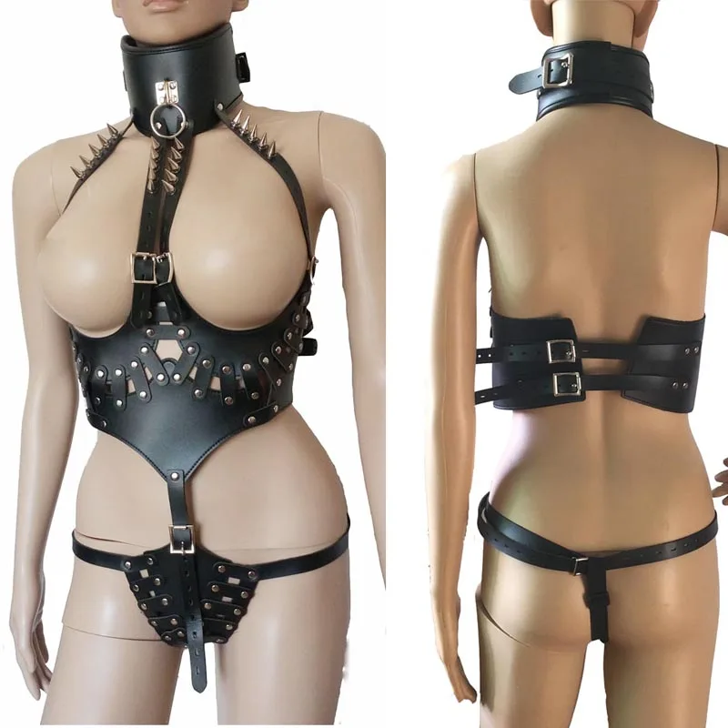 

Womens Leather Lockable Metal Spiked Mistress Costume with Posture Collar Open Breast Crotchless Teddies Kinky Fetish