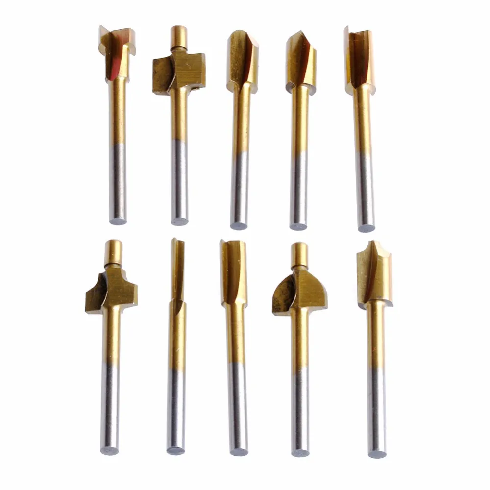 Hibye 10Pcs Titanium Mini Hss Router Bits Trimmer Shank 1/8 3mm Fr Rotary Tool Hibye 10Pcs Titanium Mini Hss Router Bits Trimmer Shank 1/8 3mm Fr Rotary Tool